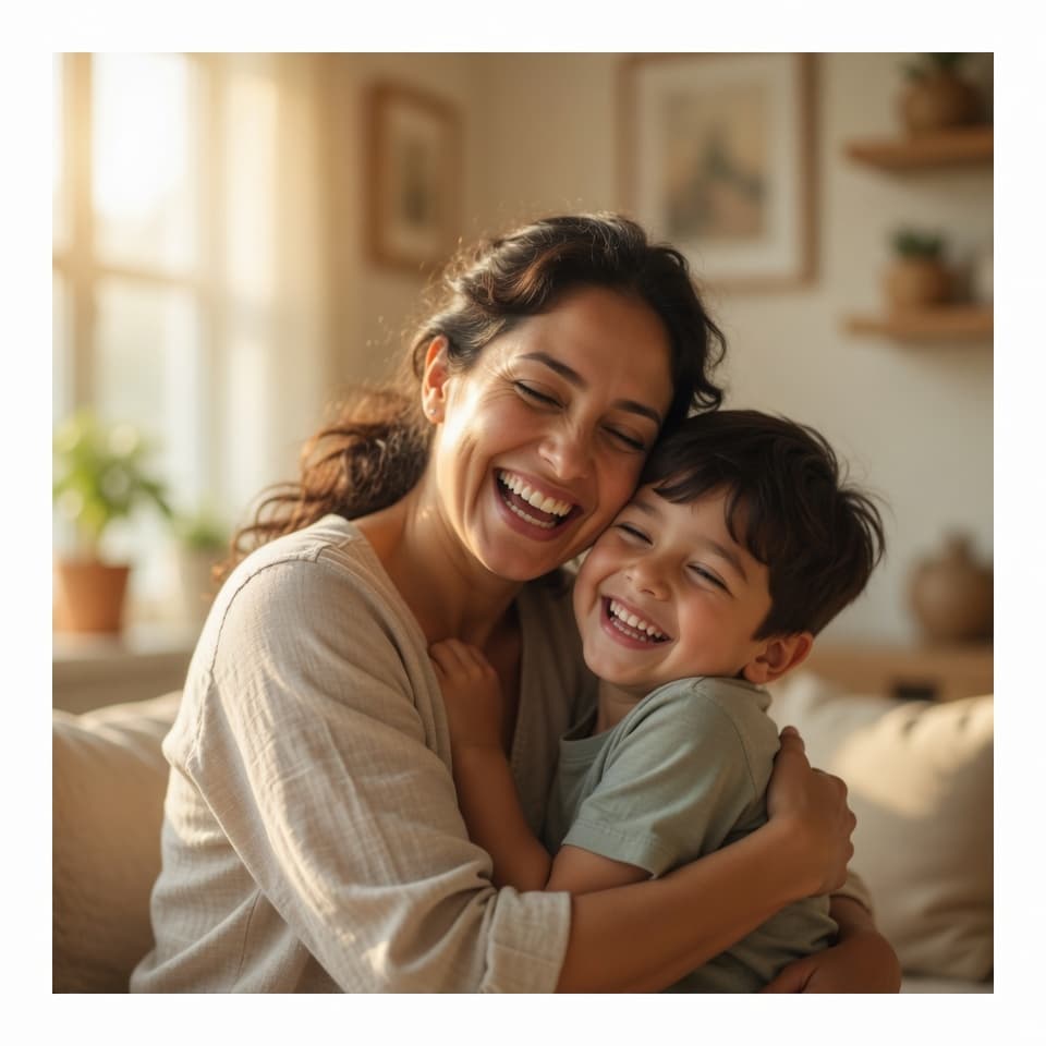 Mãe abraçando o filho com carinho